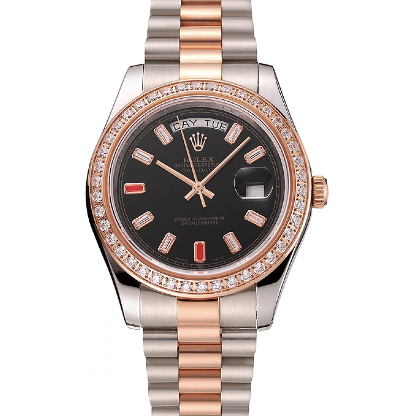 Aaa replica watch Rubies Rose Steel And Rolex Bracelet Dial 1454106 Black Diamonds Day-Date And Swiss Gold Staineless 0820